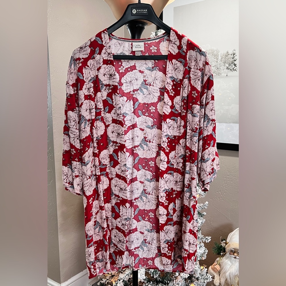 Knox Rose Red Floral Open Front Kimono XS/S Boho Lightweight